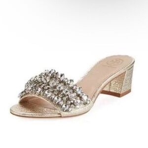 Tory Burch Beverly Crystal Embellished Metallic Gold Leather Sandal Mules Womens
